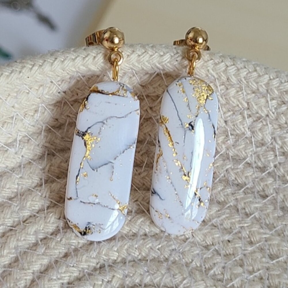 Elegant Handcrafted Boho Gold White Marble Gemstone Geometric Long Drop Earrings